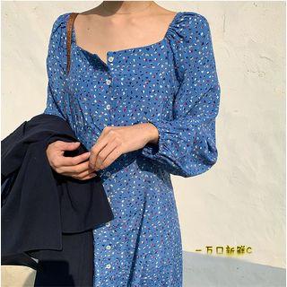 Cold Shoulder Long-sleeve Midi A-line Dress Blue - One Size
