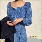 Cold Shoulder Long-sleeve Midi A-line Dress Blue - One Size