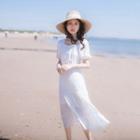 Puff-sleeve Checker A-line Midi Dress