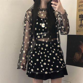 Long Sleeve See-through Daisy Mesh Top
