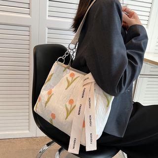 Flower Print Canvas Tote Bag With Beige Ribbon - Floral - White - One Size