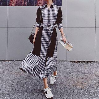 Plaid Panel Ruffled Hem Midi Shirtdress