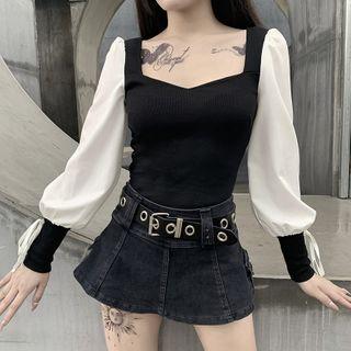Puff-sleeve Two Tone Blouse