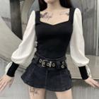 Puff-sleeve Two Tone Blouse