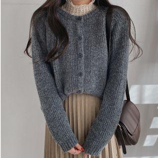 Crew-neck Raglan Rib-knit Cardigan