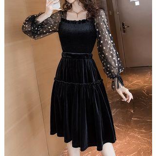 Set: Long-sleeve Dotted Mesh Top + Velvet Skirt