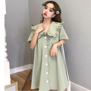 Short-sleeve Frill Trim Buttoned A-line Mini Dress Green - One Size