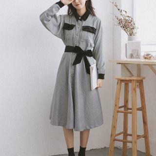 Long-sleeve Velvet Panel Houndstooth Midi A-line Shirtdress