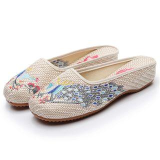 Peacock Embroidered Block Heel Mules