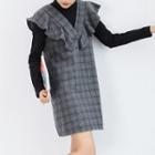 Set: Plain Mock-neck Long-sleeve T-shirt + Plaid Ruffle Jumper Dress