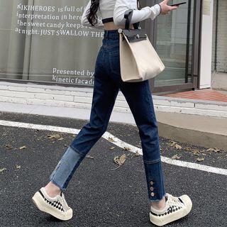 High-waist Color Block Button Jeans