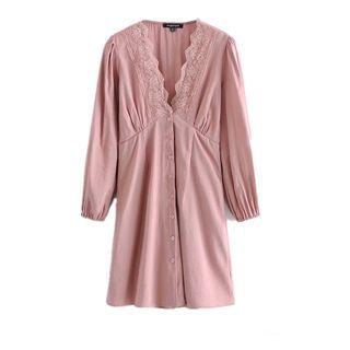 Long-sleeve Buttoned Lace Trim Mini A-line Dress