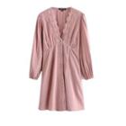Long-sleeve Buttoned Lace Trim Mini A-line Dress