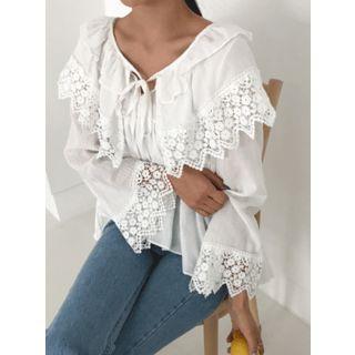 Tie-neck Crochet-trim Ruffled Blouse