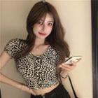 Cap-sleeve Leopard Print T-shirt Black & Khaki - One Size