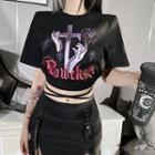 Short-sleeve Cross Print Crop T-shirt