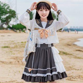 Set: Lace Trim Bow Accent Blouse + A-line Skirt