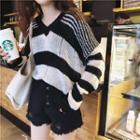 V-neck Striped Sweater Black & White - One Size