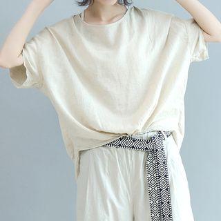 Elbow-sleeve Linen T-shirt Beige - One Size