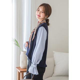 Tall Size Striped Shirt-sleeve Pullover