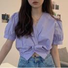 Plain Short-sleeve V-neck Twist Cropped Blouse