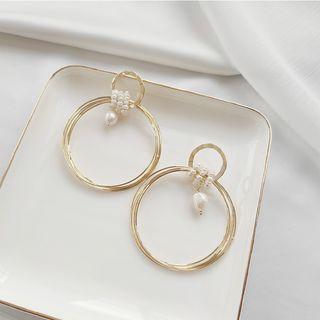 Hoop Drop Earring 1 Pair - 925 Silver Stud - Gold - One Size