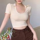 Plain Ribbed Slim Fit Cropped T-shirt Almond - One Size