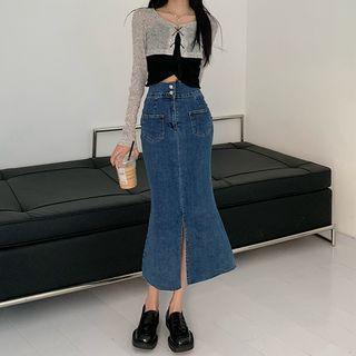 High-waist Slit Denim Fish Tail Midi Skirt