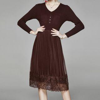Long-sleeve Knit Midi A-line Lace Dress