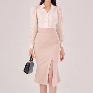 Set: Open-placket Blouse + Slit Pencil Skirt