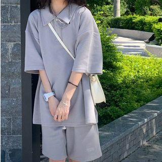 Short Sleeve Plain Oversized Polo Shirt / Drawstring Plain Sport Shorts