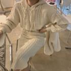 Plain Hooded Cardigan / Knitted High-waist Slit Midi Dress