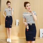 Set: Striped T-shirt + Applique Denim Skirt