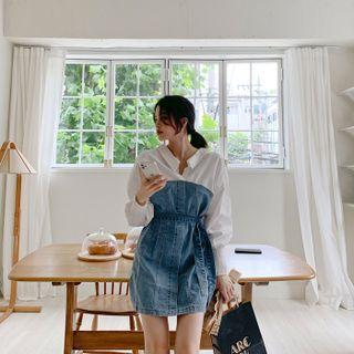 Smocked-cuff Denim-panel Dress Light Blue - One Size