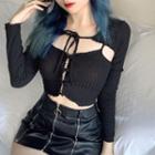 Set: Long-sleeve Tie-strap Cropped T-shirt + Camisole Top