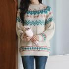 Raglan-sleeve Pattern Wool Blend Sweater
