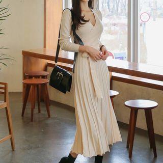 Long-sleeve Pleated Knit Midi A-line Dress Almond - One Size