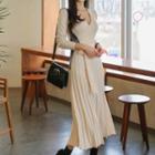 Long-sleeve Pleated Knit Midi A-line Dress Almond - One Size