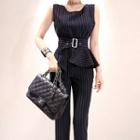 Set: Striped Sleeveless Blouse + Cropped Skinny Pants