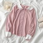 Two-tone Peter Pan Collar Blouse Pink - One Size