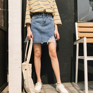 Fray-trim Denim A-line Skirt