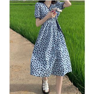 Short-sleeve Floral Midi A-line Dress Floral - Yellow & Green - One Size