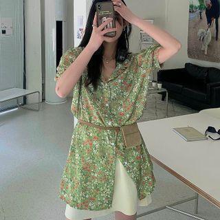 Short-sleeve Polo Collar Floral Chiffon Dress Green - One Size
