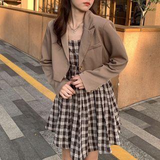 Spaghetti Strap Plaid Dress / Long-sleeve Cropped Blazer