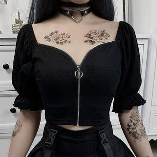 Puff-sleeve Zip-up Crop Top