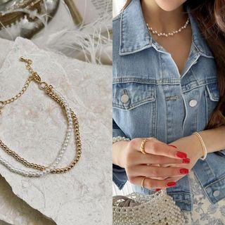 Faux-pearl Metal-ball Layered Bracelet Gold - One Size