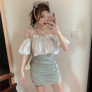 Puff-sleeve Cold-shoulder Blouse / Mini Pencil Skirt