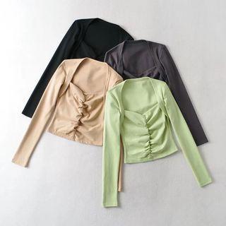 Long-sleeve Square-neck Ruched Crop Top