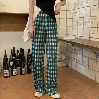 Plaid Wide-leg Pants Green Plaid - One Size