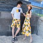 Couple Matching Short-sleeve T-shirt / Floral Print Sleeveless Midi Dress / Shorts